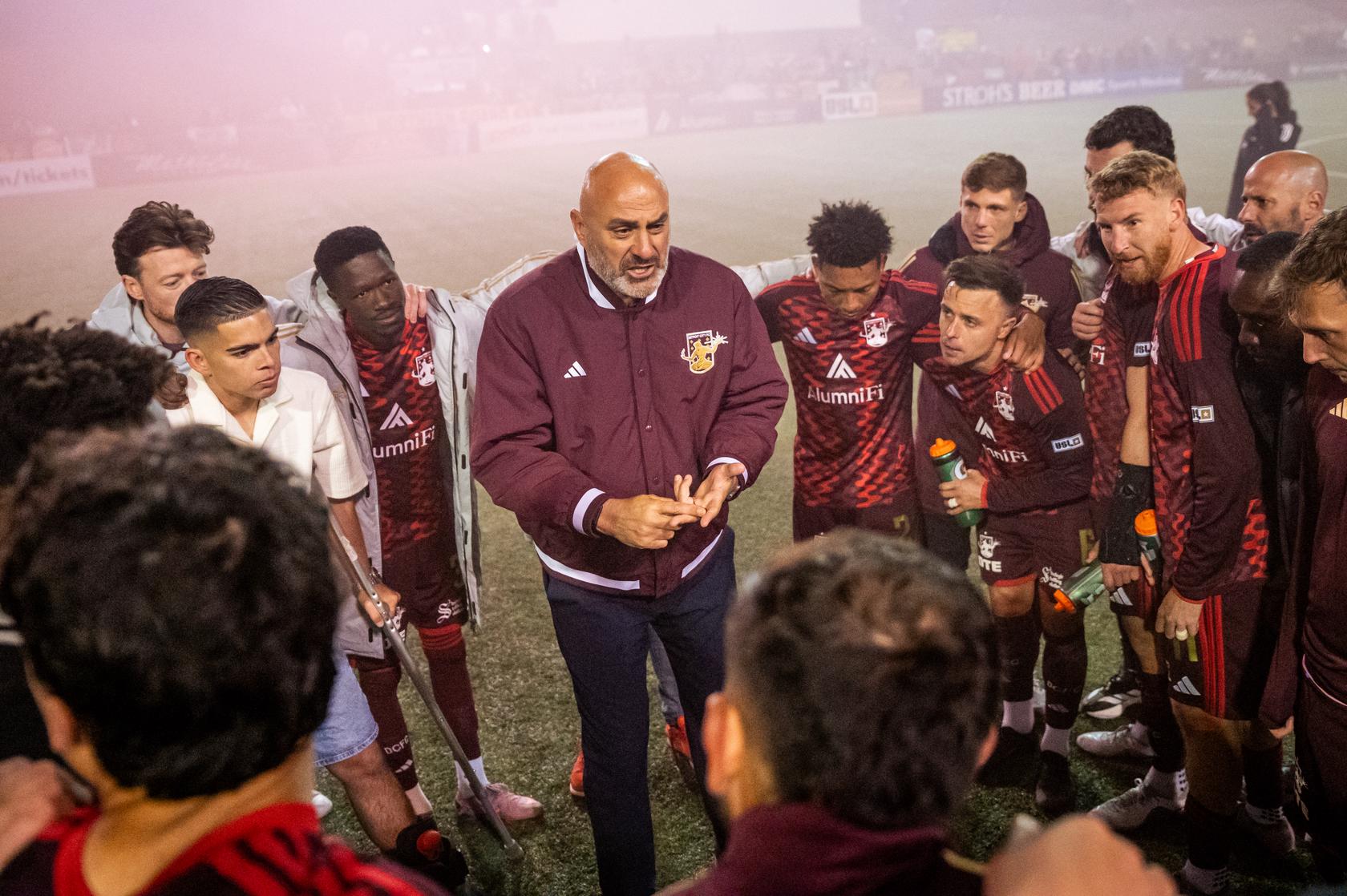 Head Coach Danny Dichio speaks to his players prior to the May 20 match against Miami FC