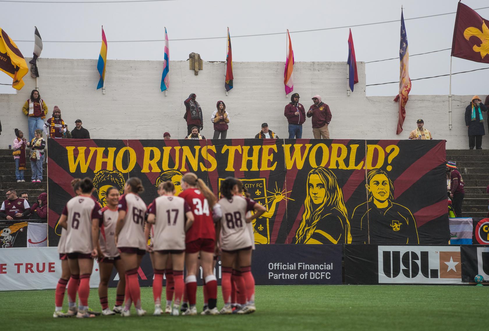 Detroit City FC's Starting XI huddle prior to their home opener against Kalamazoo FC